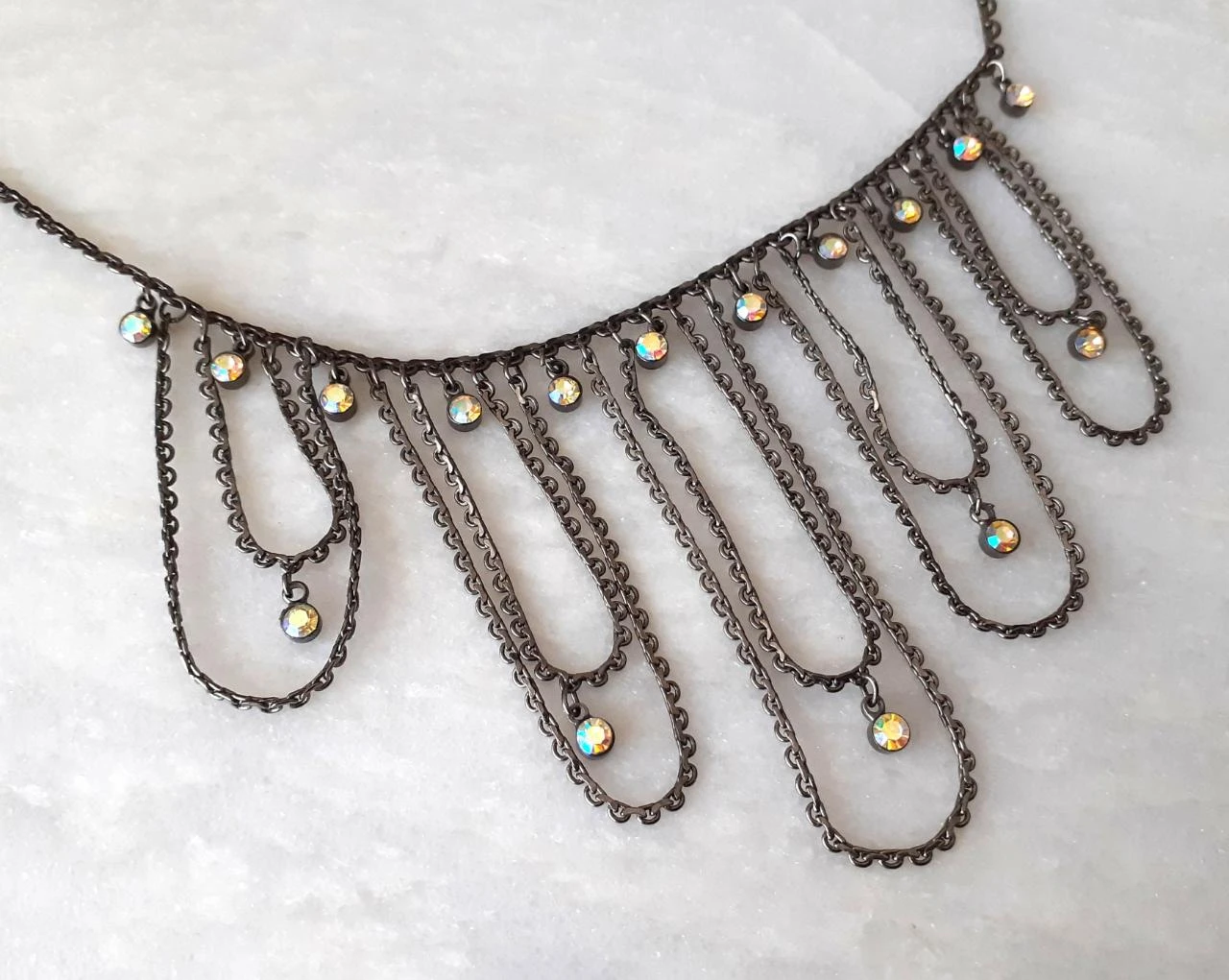 Gunmetal black necklace with AB rhinestones and draping – photo 3
